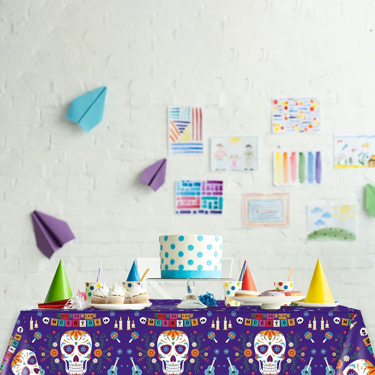 3 Pieces Day of The Dead Tablecloth Dia De Los Muertos Tablecover(Multi Color)108"L x 54"W